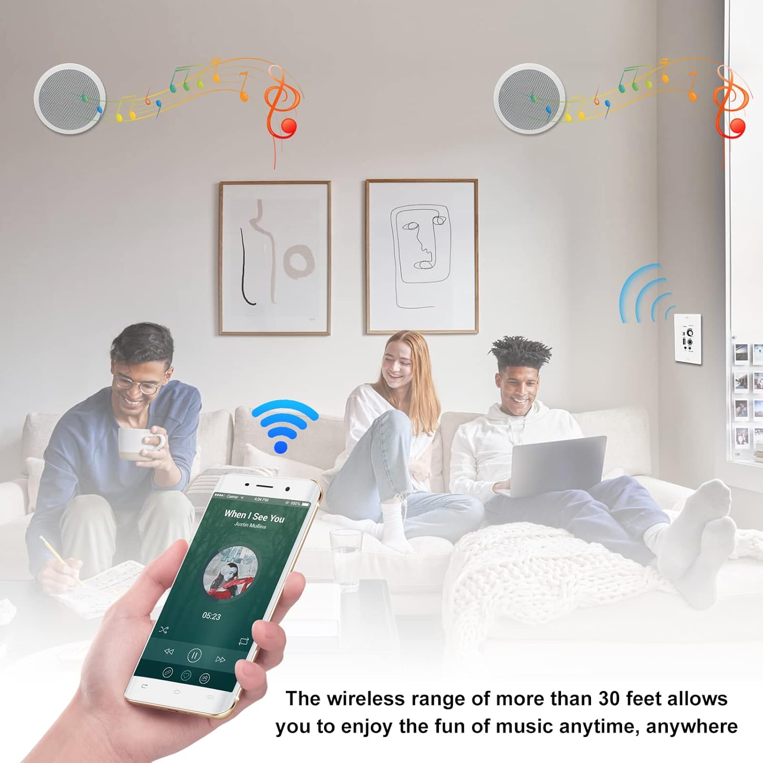 Herdio 6.5 Inch Bluetooth Ceiling Speakers 320W 2-Way Flush Mount in Wall Amplifier Receiver Suitable for Home Theater Bathroom Living Room Kitchen Office (White, Pair)